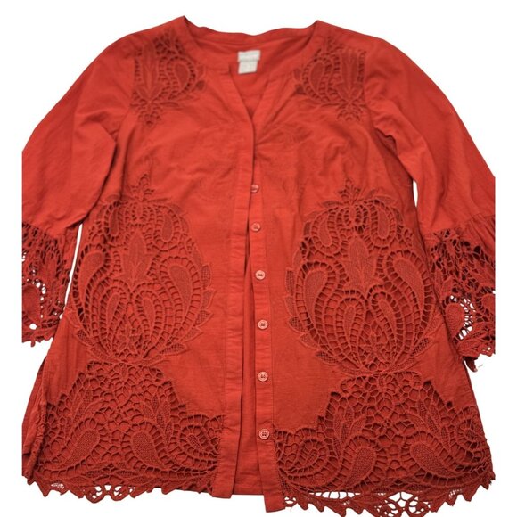 Chico's Rust Red Lace Embroidered Crochet Bell Sleeve Tunic Top Womans Size 0 - Picture 4 of 8